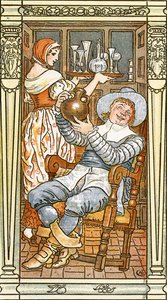 Jolly man holding aloft a leather bottle, from the 